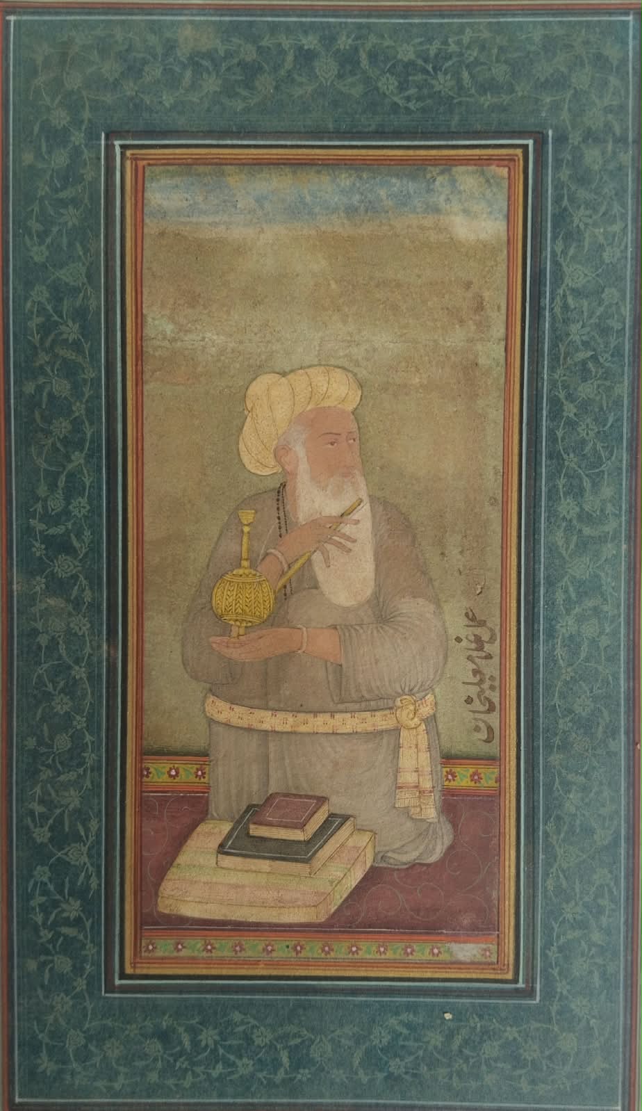Mughal miniature painting of sufi saint holding ceremonial vessel